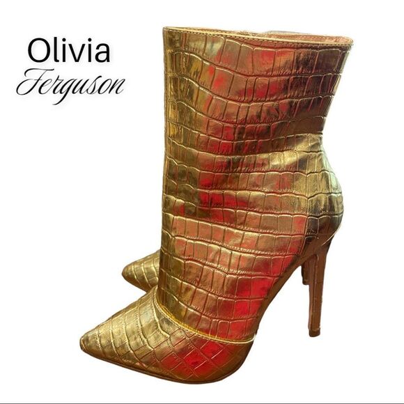 Olivia Ferguson Gold Croc Heeled Zipper Pointed Toe Boots 6 - Picture 2 of 6